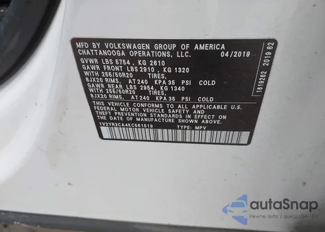 2019 Volkswagen Atlas 3.6L V6 Se W/Technology R-Line из США, поврежденный, VIN 1V2YR2CA4KC561519